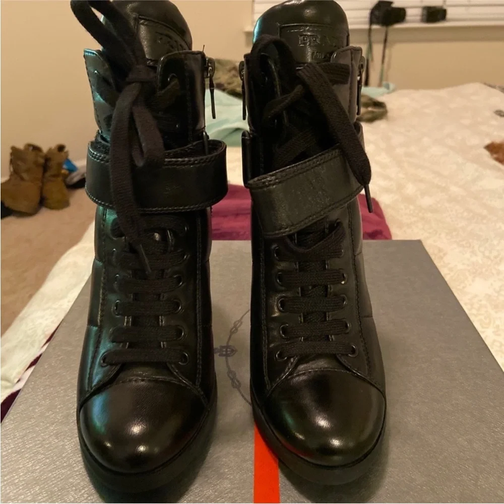 Prada Black Leather High-Heel Lace-Up Ankle Boot with Strap - Picture 3 of 7